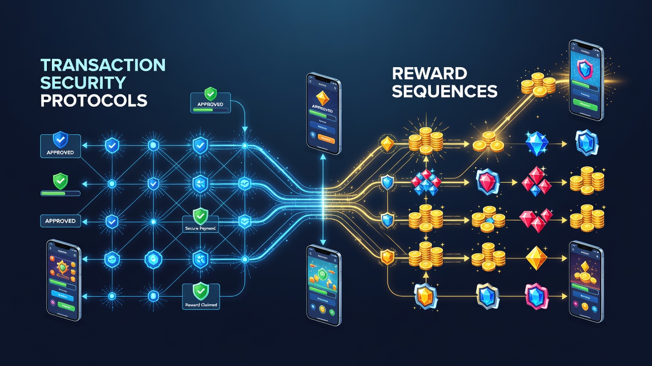 Illustration der Verbindungen zwischen Transaktionssicherheitsprotokollen und Belohnungssequenzen in mobilen Spielumgebungen